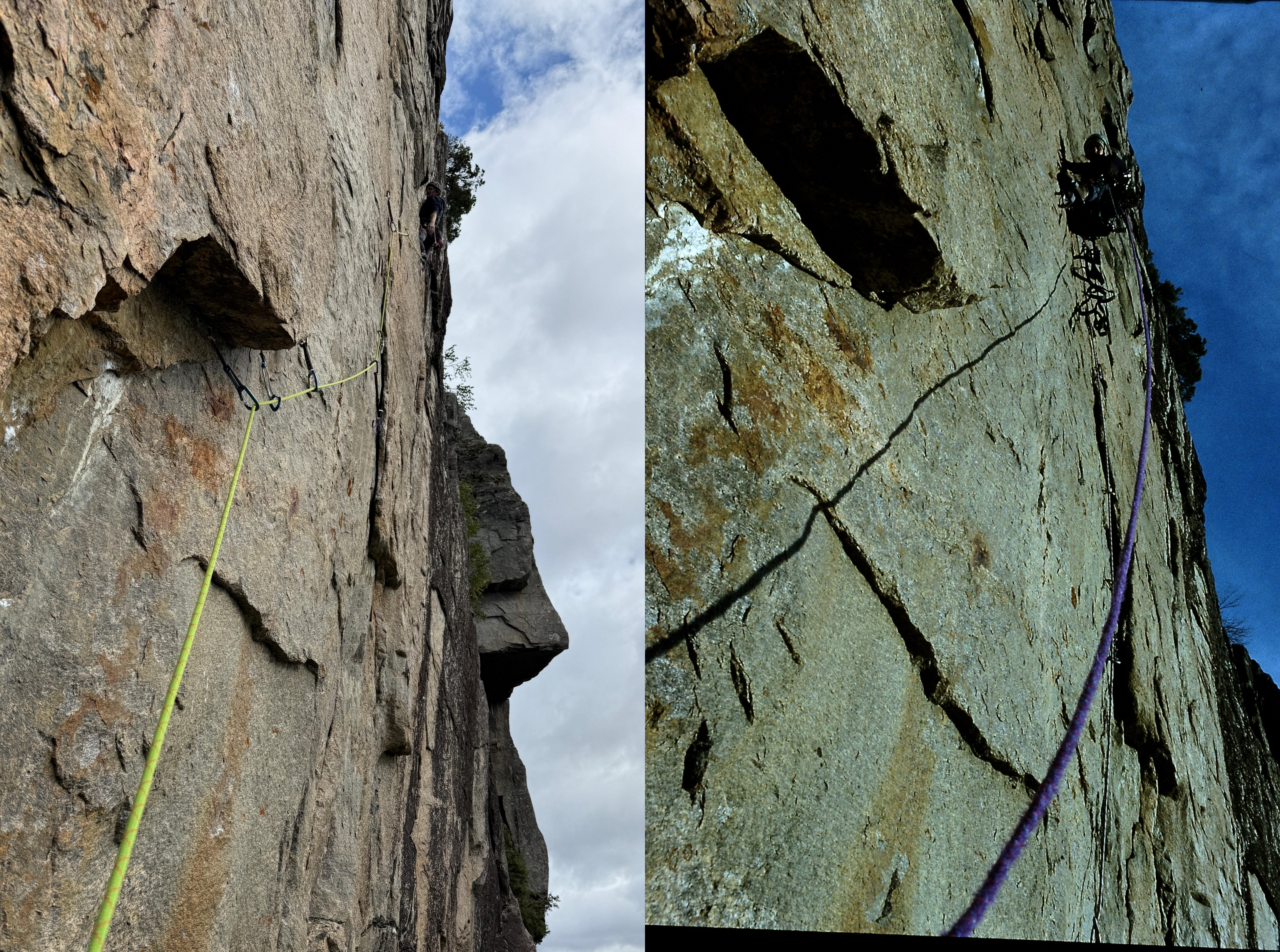 Venstre: Jan Bartl fribestiger 3. tl. i 2025. Høyre: Tore Tjelmeland fra førstebestigningen i 1996